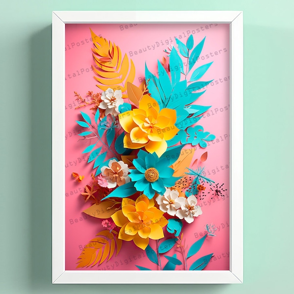 Poster digital Pintura Flores de papel diseño 09, arte de pared, imprimible, decoración del hogar, descarga digital, archivo de alta calidad