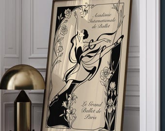 Academie de Ballet Paris Print, Black and White Art Nouveau Dancer Poster