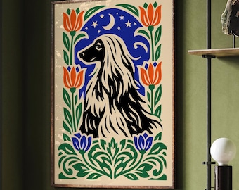 Afghan Hound Dog Wall Art Print, Vintage Botanical Pet Poster, Dog Lover Gift