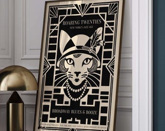 Roaring Twenties Flapper Cat Poster, Art Deco Jazz Age Wall Art Print