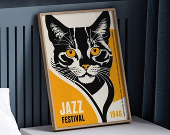 Yellow Jazz Music Poster, Music Festival Print, Cat Wall Art, Black Cat Portrait, Retro Cat Print, Concert Jazz Festival, Airbnb Wall Decor