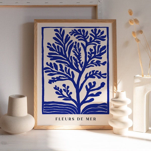 Fleurs De Mer Poster, Coastal Wall Art, Sea Life, Nautical Art, Blue House Decor, Indigo Blue Seaweed , Coral Reef Prints, Ocean Nature Art