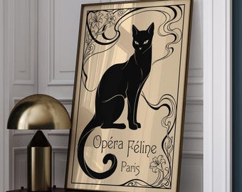Art Nouveau Black Cat Print, Opera Feline Paris Poster, Vintage Elegant Wall Art