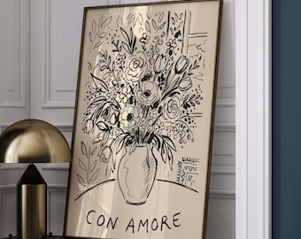 Con Amore Line Art Flower Print, Black Ink Floral Sketch, Elegant Home Decor