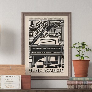 Music Academy Poster, Piano Classical Music Print, Vintage Music Wall Art, California Concert Print, Travel Poster, Black and Beige Jazz Art