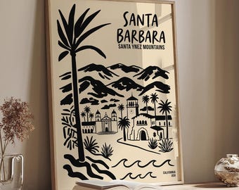 Santa Barbara California Print, Mission and Palm Trees Wall Art, Coastal Poster