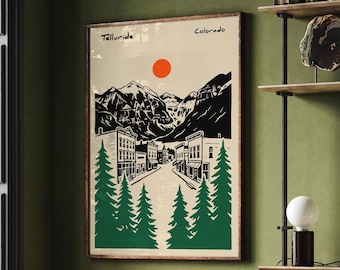 Telluride Colorado Print, Mountain Town Line Art, Ski Town Wall Art Poster