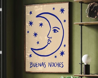 Buenas Noches Moon Print, Celestial Wall Art, Boho Nursery Decor, Blue Moon Poster