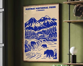 Katmai National Park Poster, Blue Grizzly Bear Wall Art, Alaska Wildlife Travel Decor