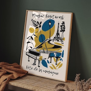 Fête de la Musique, póster de música vintage, Torre Eiffel, ilustración de piano, impresión artística del festival de música francés para decoración del hogar, arte de pared retro