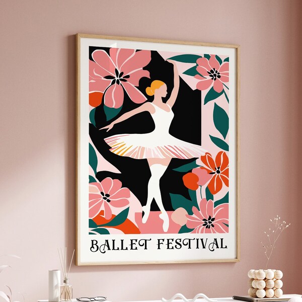 Ballet Dance Festival Poster, Beautiful Ballerina, Vibrant Floral Elements, Perfect Wall Art Gift Idea, Dance Lovers, Unique Ballet Wall Art