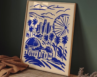 Los Angeles Cityscape Poster, Blue Ink California Wall Art, Coastal Modern Print