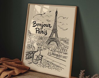 Bonjour Paris Print, Eiffel Tower Cat Poster, French Wall Art, Vintage Style