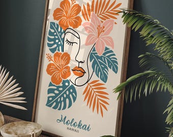 Molokai Hawaii Poster, Tropical Line Art Face Wall Art, Boho Beach House Decor