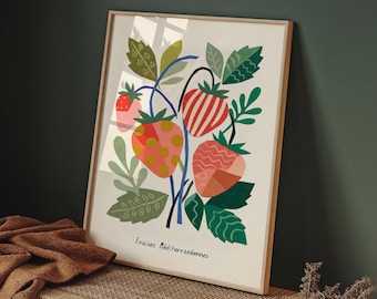 Póster de fresas mediterráneas, arte mural colorido en papel recortado, lámina recortada inspirada en Matisse.