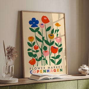 Colorful Copenhagen Flower Market Poster | Mid-Century Modern Botanical Wall Art | Scandinavian Floral Decor | Vintage Floral Mailed Print
