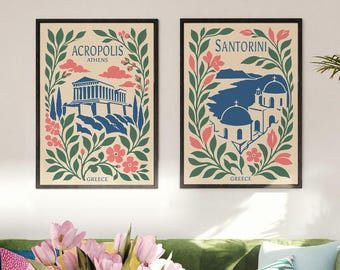 Set of 2 Greece Travel Prints | Acropolis Athens Santorini Floral Poster Duo