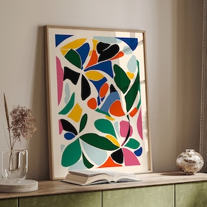 Póster de arte abstracto moderno: formas geométricas coloridas, decoración de pared vibrante, obra de arte contemporánea para decoración del hogar y la oficina, mediados de siglo