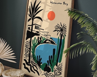 Hanauma Bay Print, Hawaii Palm Tree Wall Art, Oahu Tropical Poster