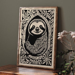 Vintage Sloth Portrait Art Print: Retro Animal Wall Decor