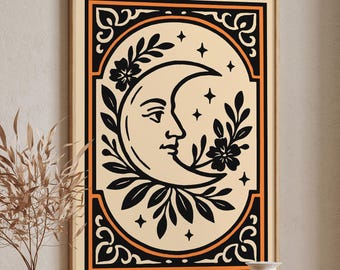 Black and Orange Moon Floral Poster, Vintage Celestial Wall Art