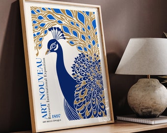 décoration murale Art nouveau vintage - paon bleu avec branches d'arbres dorées, décoration Art nouveau vintage, affiche paon bleu, grande (24 x 36)