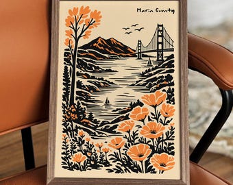Marin County Poster, Golden Gate Bridge California Print, Poppy Wall Art