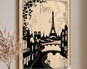 Paris Art Nouveau Eiffel Tower Print, Vintage French Cityscape Wall Art