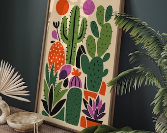 Colorful Cactus Wall Art Print - Retro Boho Desert Plants Poster, Succulent Home Decor