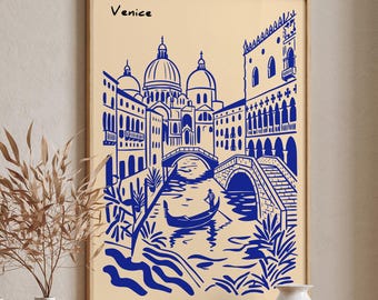 Venice Italy Print, Gondola Canal Blue Line Art, European Wall Art Poster