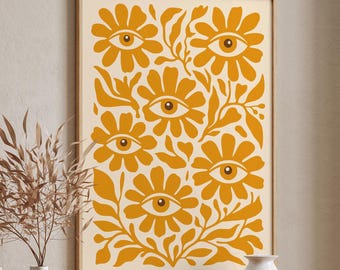 Floral Eye Print, Mustard Botanical Wall Art, Mystic Daisy Poster, Boho Spiritual Home Decor
