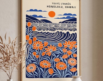 Honolulu Hawaii Printable Wall Art, Floral Ocean Wave Digital Print, Boho Beach Decor