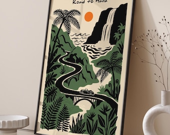 Road to Hana Print, Maui Hawaii Waterfall Wall Art, Retro Travel Poster