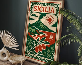 Sicily Italy Printable Poster, Travel Digital Print, Sicilia Vintage Instant Download Wall Art