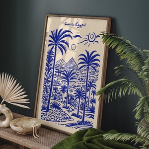 Cairo Egypt Palm Trees & Pyramids Art Print, Blue Travel Poster, Tropical Landscape, Egyptian Wall Art, Egypt Lovers Gift, Hotel Wall Decor