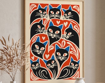 Mid-Century Modern Cat Art Print: Red & Black Feline Faces