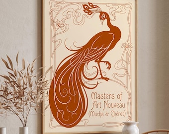 Art Nouveau Peacock Poster, Mucha Chéret Exhibition Wall Art, Terracotta Vintage Bird Print