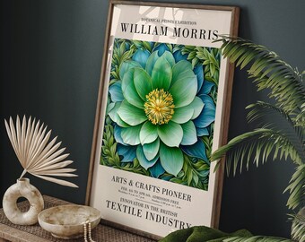 W. Morris Botanical Prints Exhibition Poster, Arts & Crafts Pioneer, British Textile Industry Innovator, Elegant Green Floral Wall Art Decor