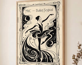 NYC Ballet Festival Poster, Art Nouveau Ballerina Print, Music Wall Art, Elegant Dance Decor