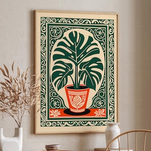 Lámina con estampado de planta Monstera estilo boho: Arte mural tropical retro