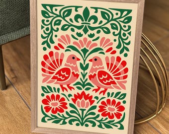 Folk Art Birds and Flowers Print – Vibrant Floral Wall Art