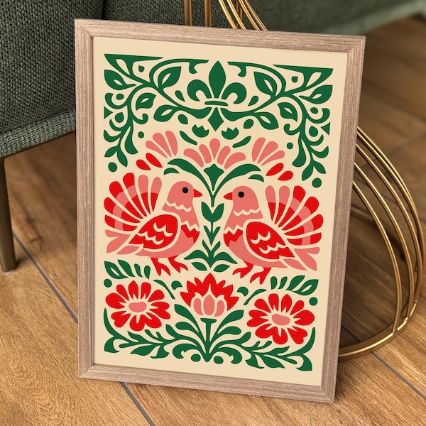 Folk Art Birds and Flowers Print – Vibrant Floral Wall Art