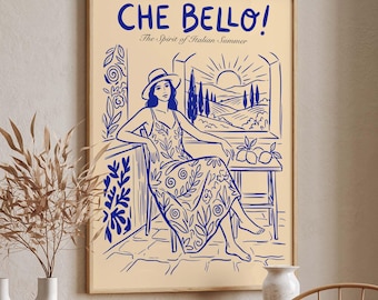 Che Bello Italian Summer Print, Blue Line Art Poster, Tuscany Wall Art