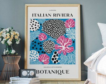 Italian Riviera Poster, La Riviera Print, Botanic Wall Art, Blue and Pink Trendy Wall Decor, Underwater Plants, Marine Life, Beach House Art