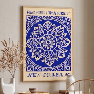 New Orleans Flowers Market Indigo Linocut Poster, Blue Botanical Print for Home Decor, Retro Wall Art, Louisiana Souvenir, Lino Print Gift