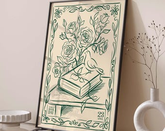 World Book Day Print, Vintage Rose Book Poster, Bird and Books Wall Art