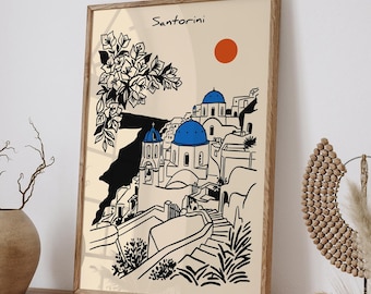 Santorini Print, Blue Dome Church Wall Art, Greece Travel Poster Decor