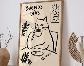 Buenos Dias Cat Print, Cat Drinking Coffee Wall Art, Kitchen Decor