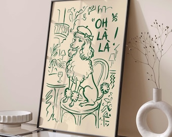 Oh La La Poodle Print, French Chic Dog Poster, Cafe Wall Art, Beret Dog Print
