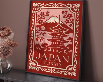 Japan Tokyo Travel Poster, Mount Fuji Pagoda Wall Art